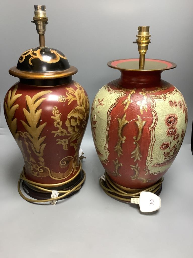 Two polychrome decorated chinoiserie lamp bases, overall height 47cm